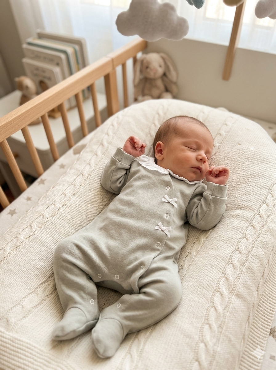 Bebé a dormir num fato de corpo cinzento sobre mantinha creme numa cama de grades
