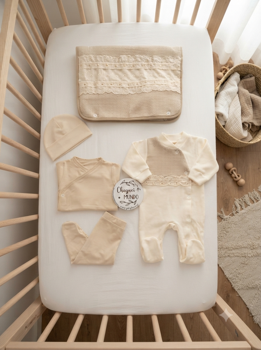Conjunto de roupa de bebé bege e creme sobre cama de bebé de madeira clara com cesta de mantas e brinquedos ao lado