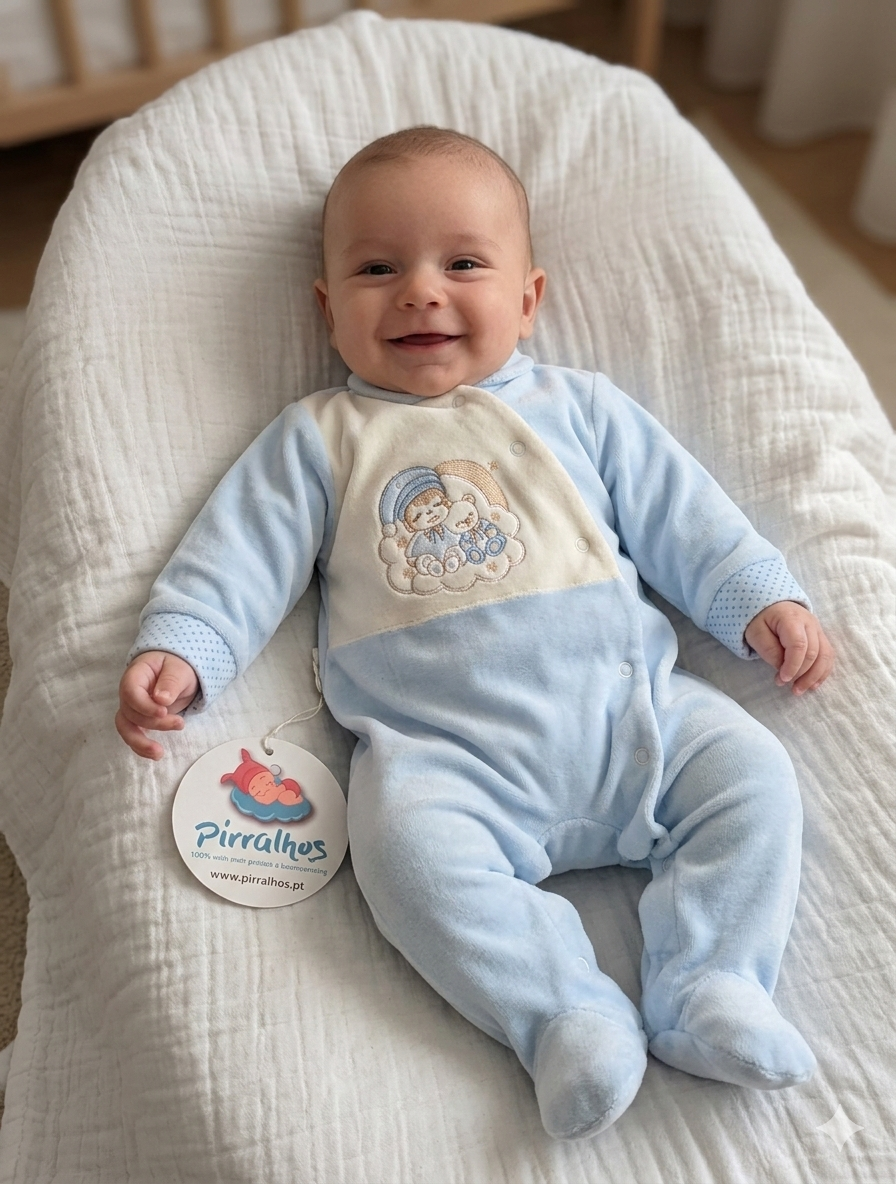 Bebé sorridente vestido com macacão azul e branco com bordado de ursinho, deitado numa manta branca com etiqueta pendurada.