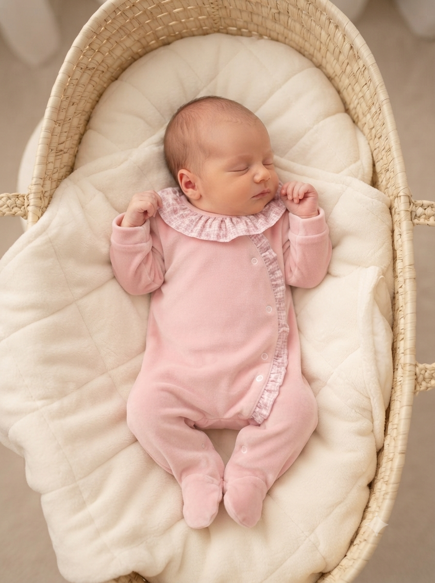 Bebé a dormir com macacão rosa num cesto de vime com almofada branca