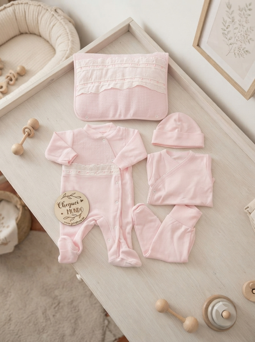 Conjunto de roupa de bebé cor-de-rosa com babygrow, calças, casaco, chapéu e manta em mesa branca de madeira