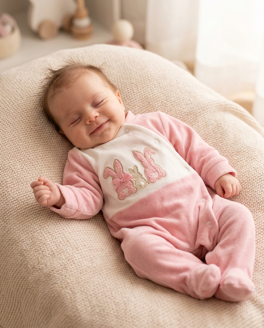 Bebé a dormir num macacão rosa e branco com coelhinhos bordados, deitado numa almofada bege.