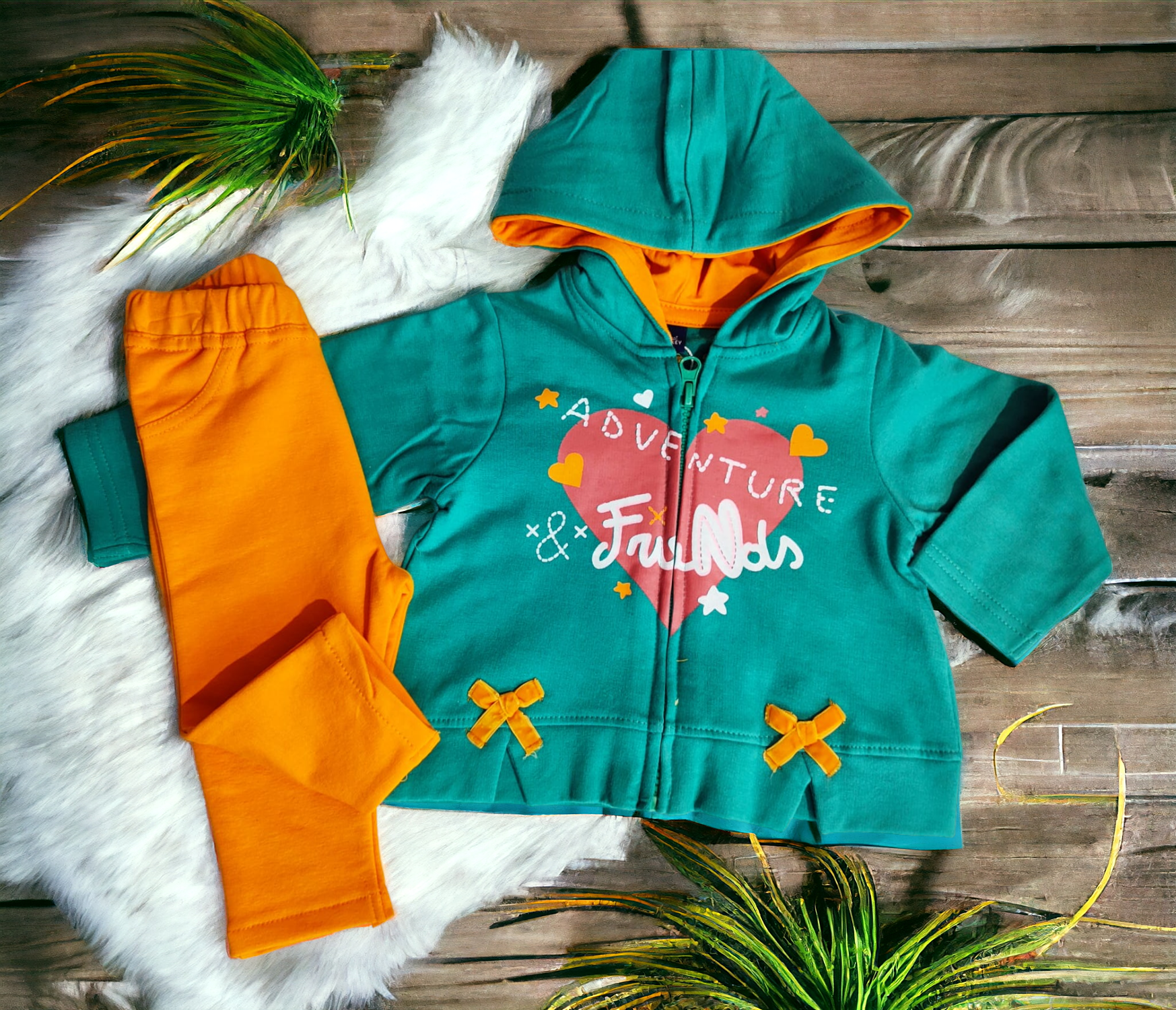 Conjunto infantil verde e laranja com capuz e estampado adventure & friends