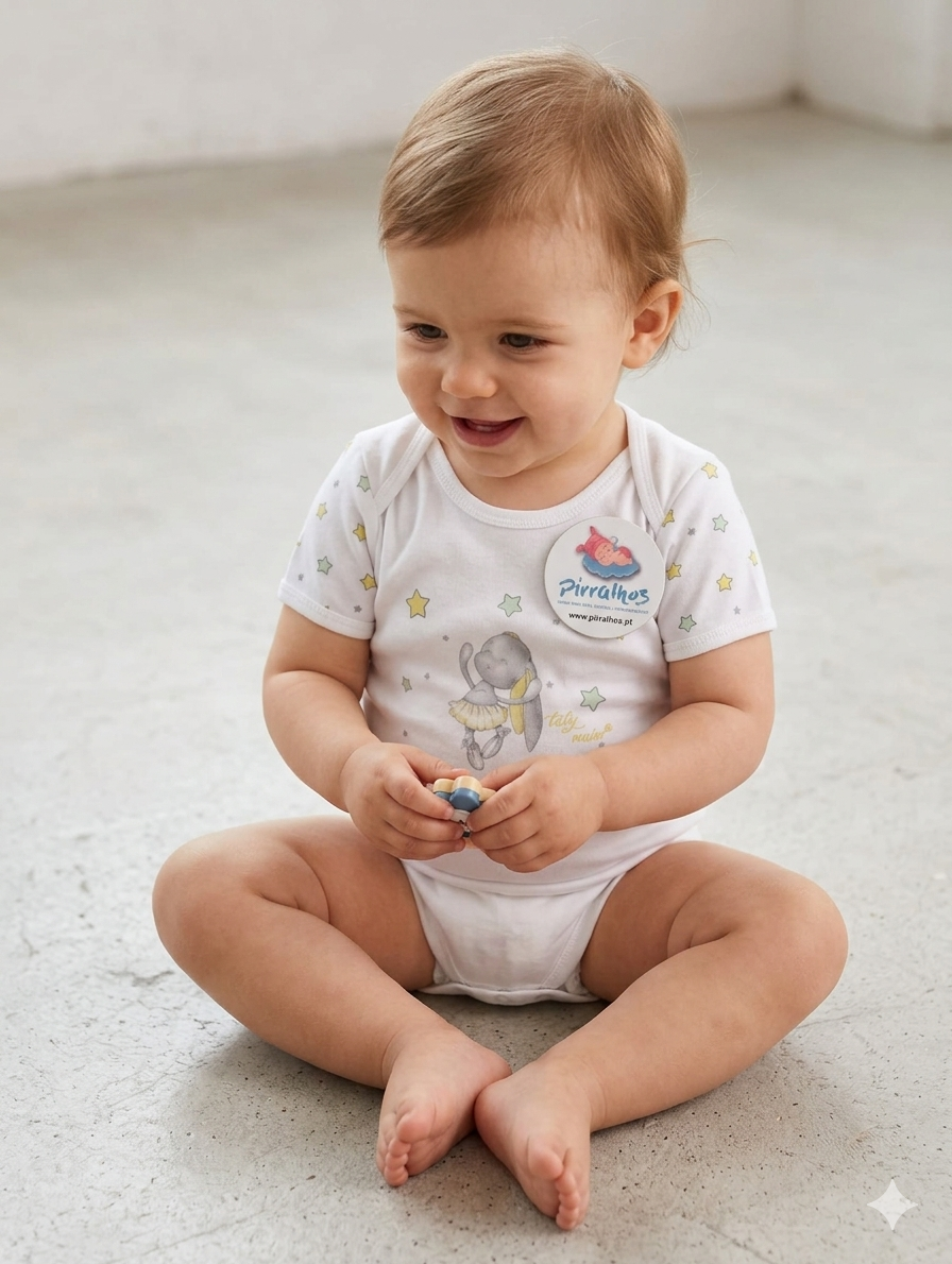Bebé sentado a usar body branco estampado com estrelas e desenho de rato bailarina e etiqueta Pirralhos.