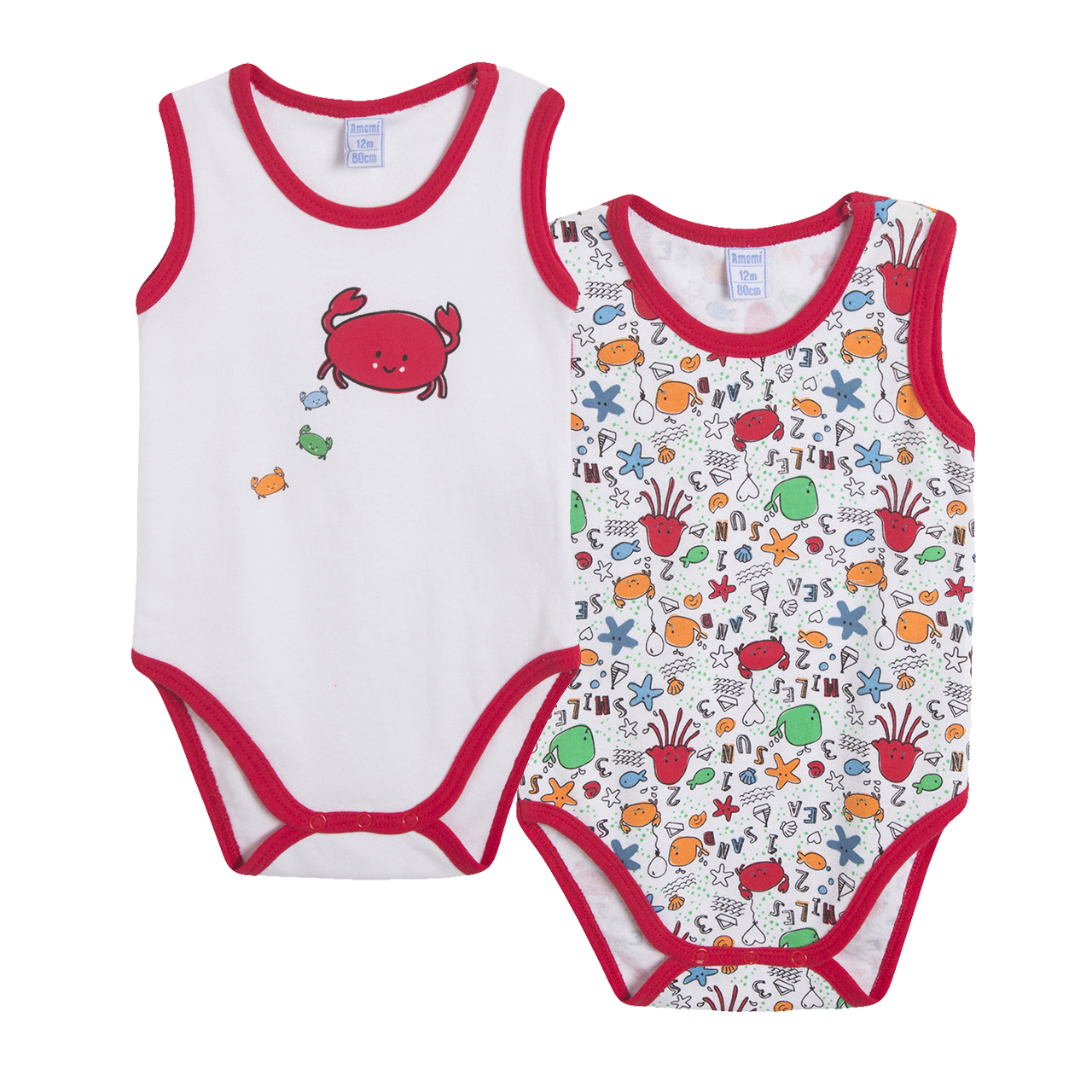 Dois bodies de bebé com padrões de animais marinhos e bordas vermelhas