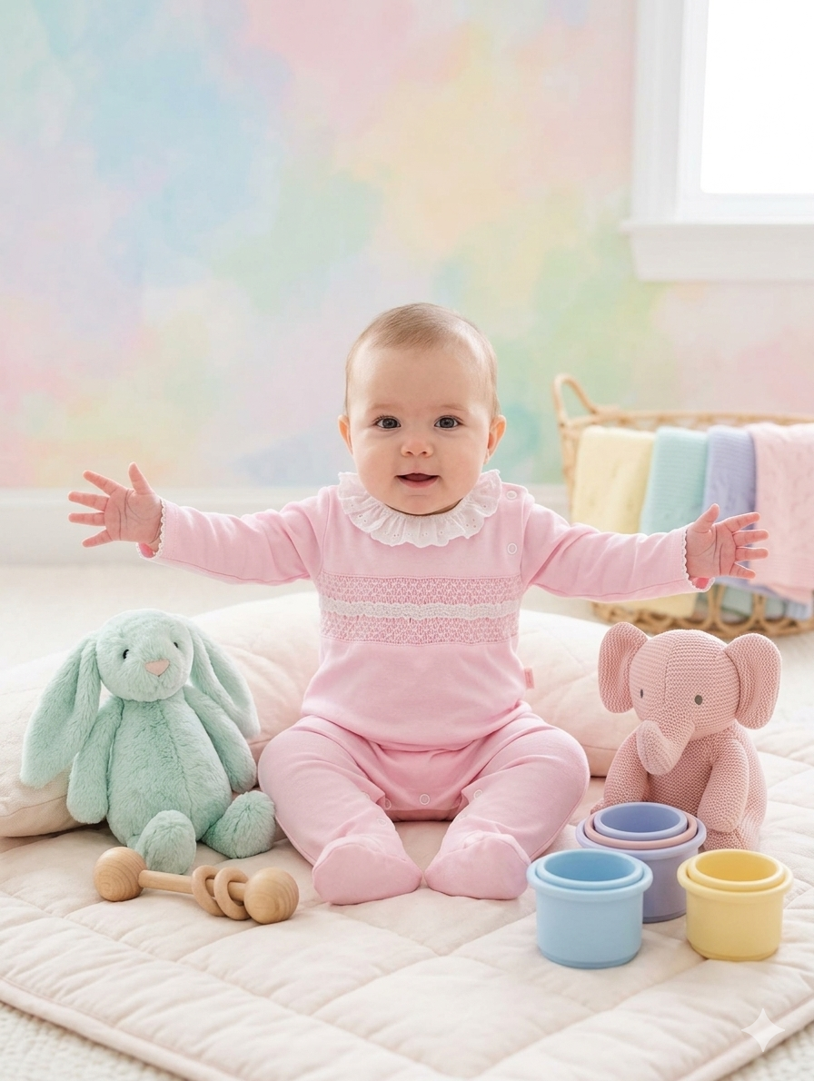 Bebé com macacão cor-de-rosa sentada em colchonete rodeada por brinquedos coloridos.