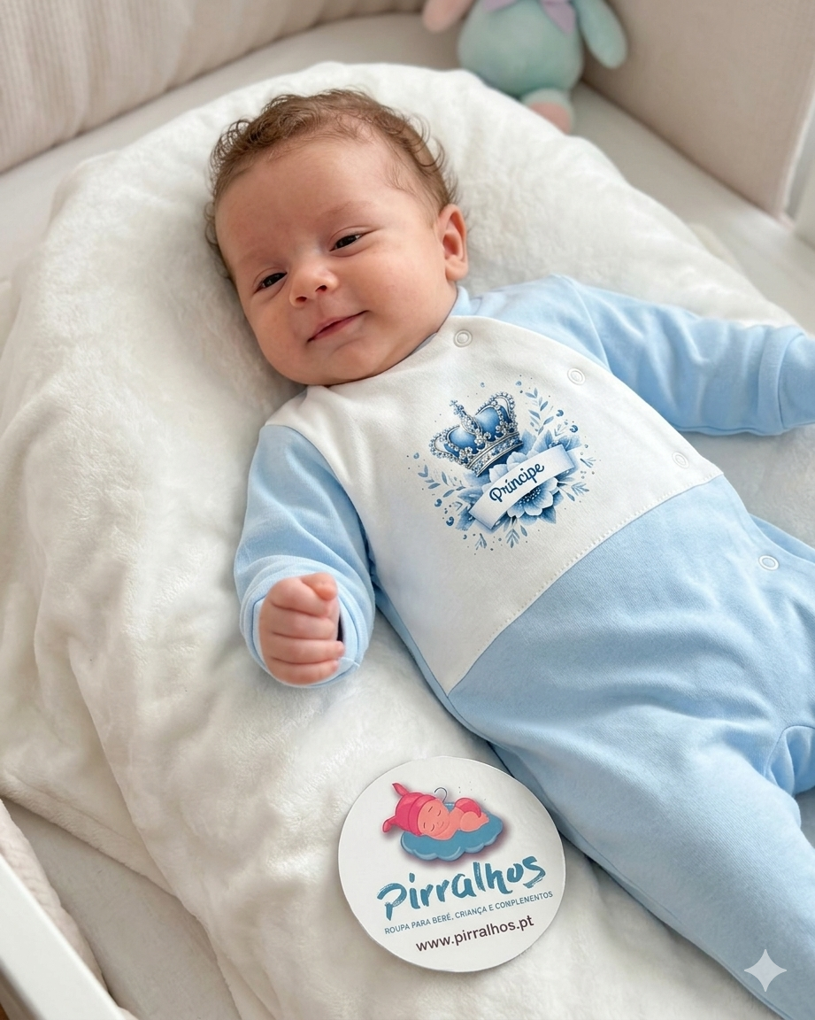 Bebé vestido com macacão azul claro e branco com estampa de coroa e texto Príncipe deitado em almofada branca felpuda com etiqueta redonda da marca Pirralhos
