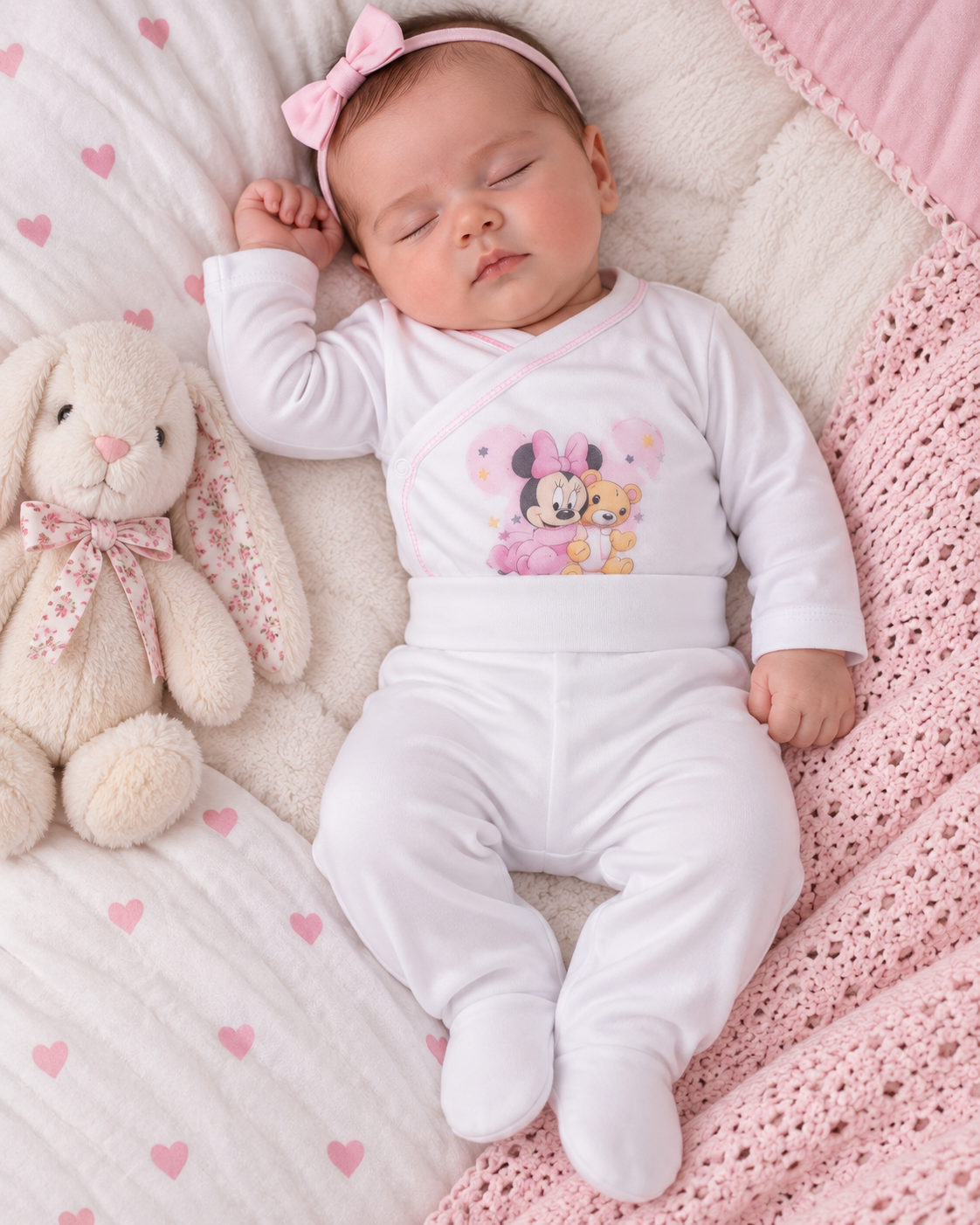 Bebé dormindo com pijama branco e faixa de cabelo cor-de-rosa ao lado de peluche de coelho branco numa cama com cobertor cor-de-rosa