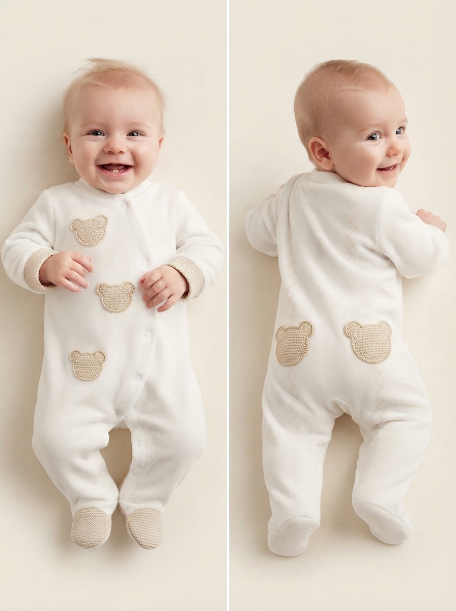 Bebé com fato branco e aplicações de cabeça de urso castanhas