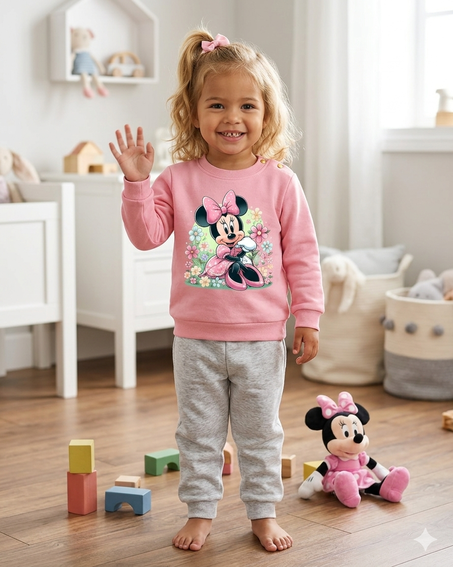 Criança com camisola rosa da Minnie Mouse e calças cinza em quarto infantil com brinquedos e peluche.