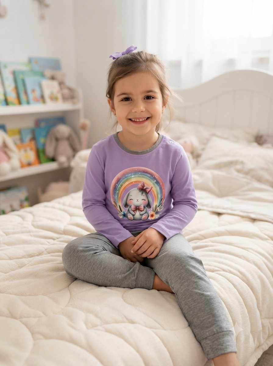 Criança a usar pijama lilás com coelho e arco-íris, calças cinzentas, sentada em cama creme num quarto infantil