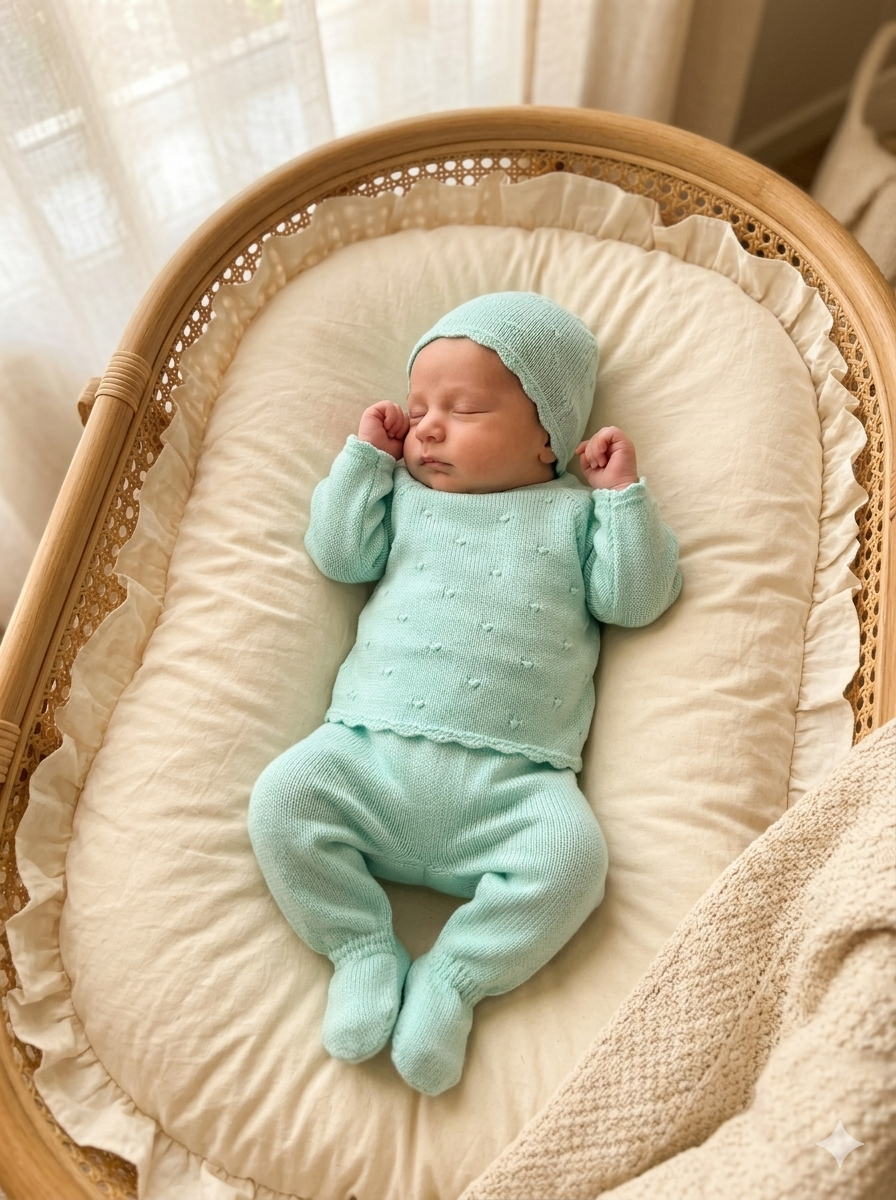 Bebé deitado com roupa de malha azul claro numa almofada branca com folhos numa cama de verga