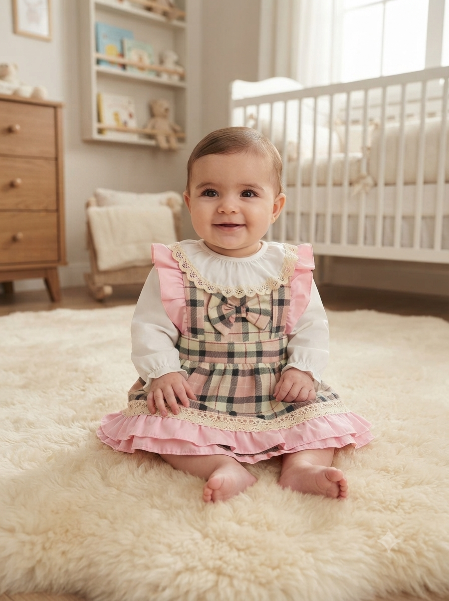 Bebé sentada com vestido xadrez rosa e bege com detalhes em rosa e renda creme, blusa branca de manga comprida, em tapete felpudo beige junto a berço branco.