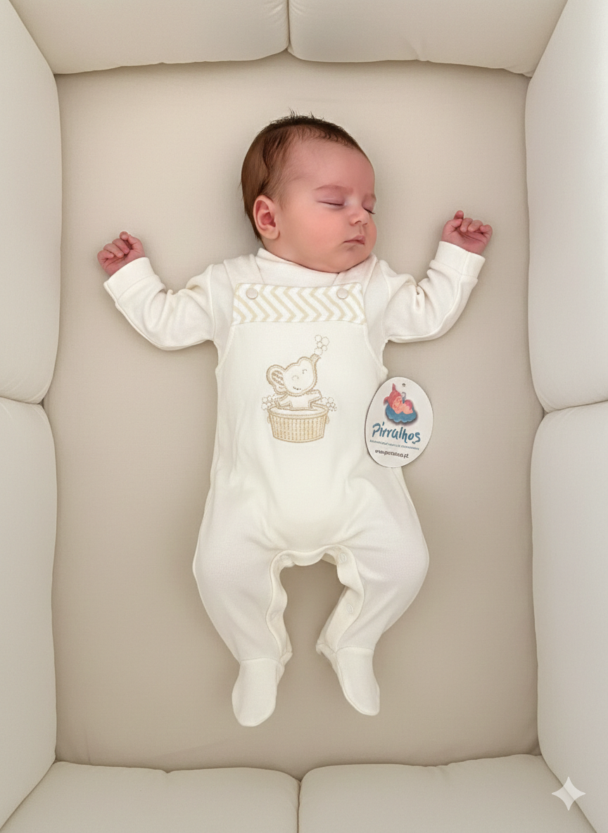 Bebé deitado com fato de corpo branco e almofada creme