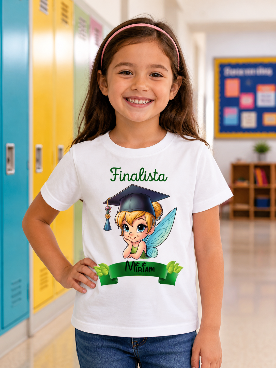 Camisola branca com estampa de fada e texto Finalista, usada por menina sorridente em escola.