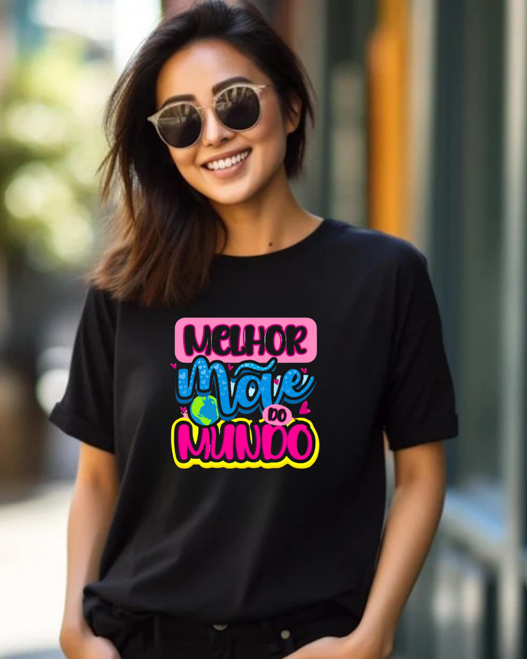 Mulher com camiseta preta onde está escrito MELHOR MÃE DO MUNDO em várias cores