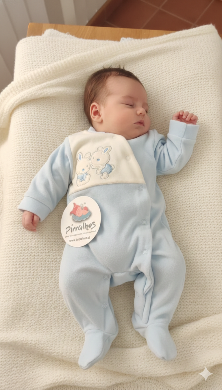 Macacão de bebé azul claro com coelhinhos e etiqueta Pirralhos
