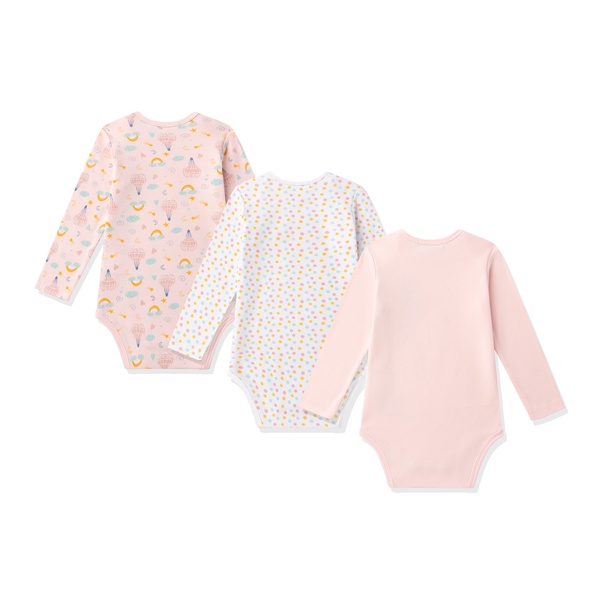 Três bodies de bebé manga comprida com padrões e cores diferentes