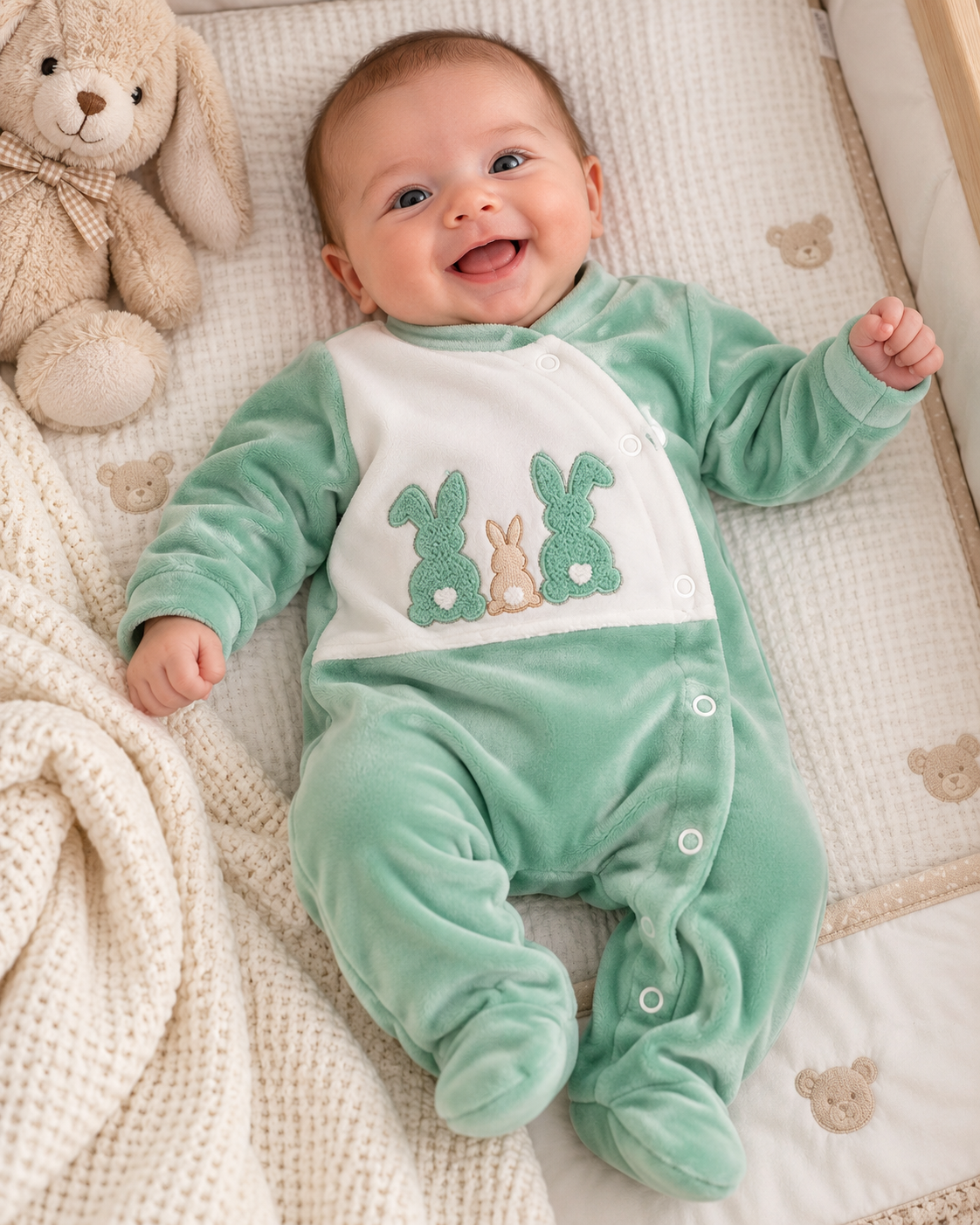 Bebé sorridente deitado em colchão branco com macacão verde e branco com coelhinhos em relevo