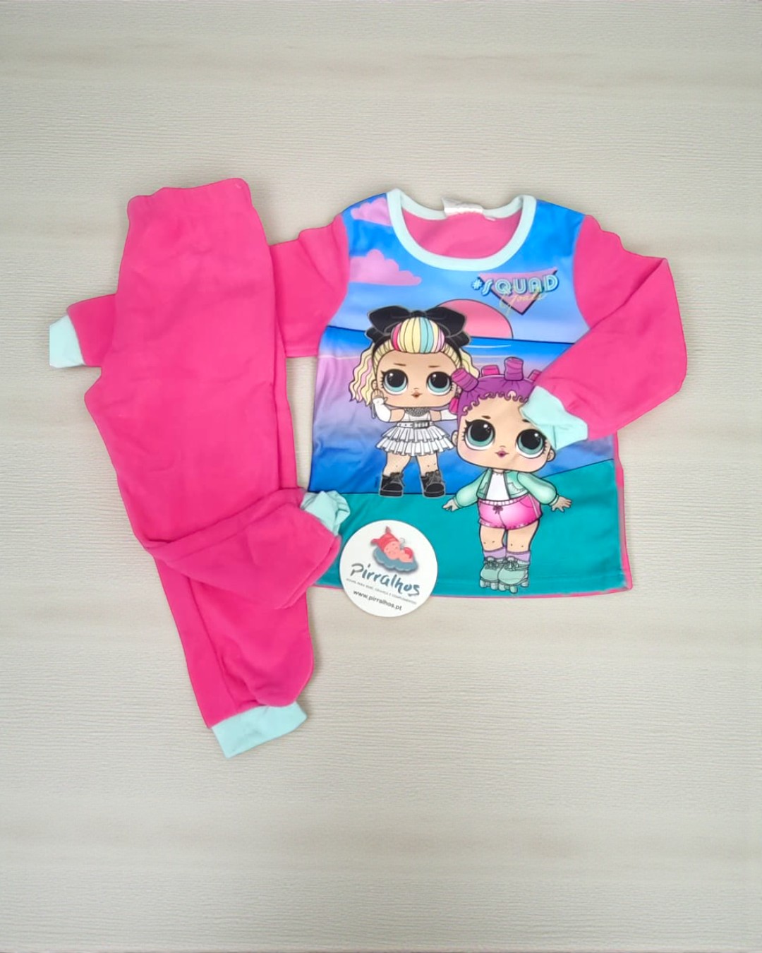 Conjunto roupa criança camisola manga comprida com bonecas e calças rosa