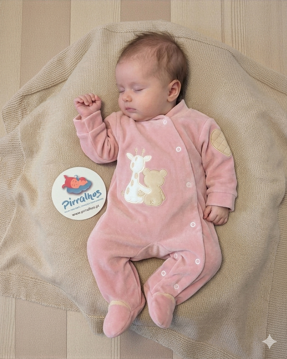 Bebé com pijama rosa de veludo e desenhos de girafa e urso, sobre manta bege