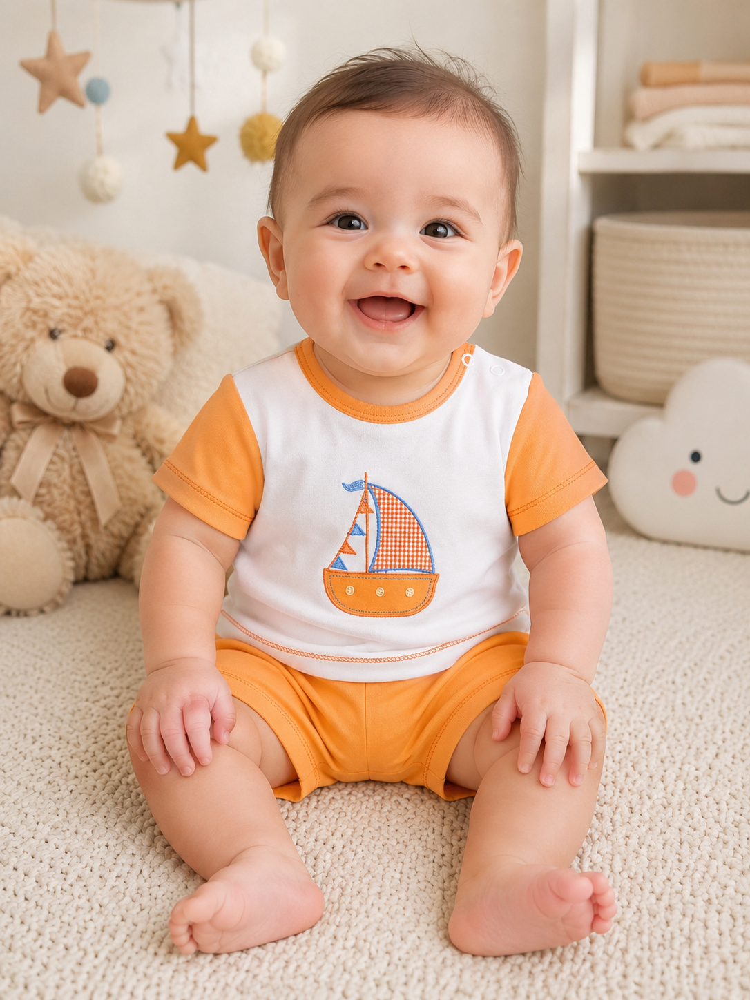Bebé sorridente com roupa laranja e branca sentada em tapete bege com urso de peluche ao fundo