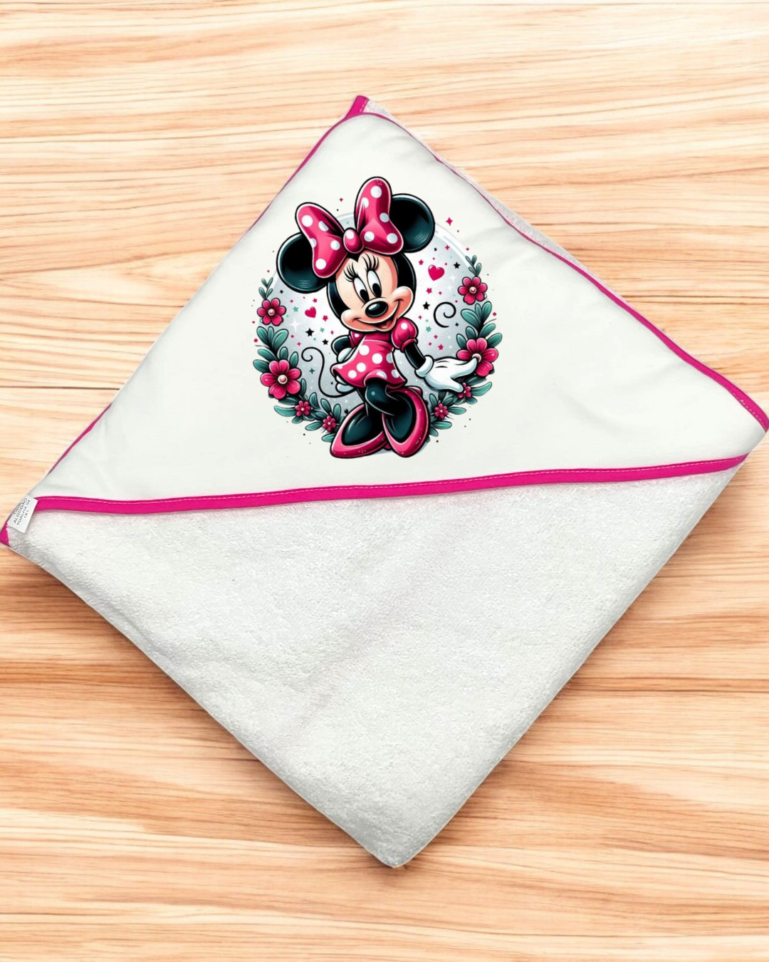 Toalha de banho branca com capuz e estampado da Minnie Mouse em rosa