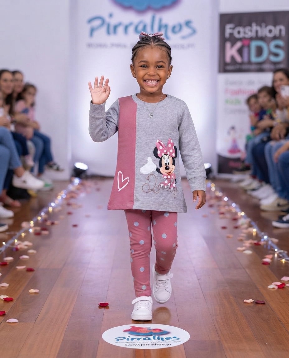 Menina numa passarela de moda a usar conjunto com estampa da Minnie e leggings às bolinhas