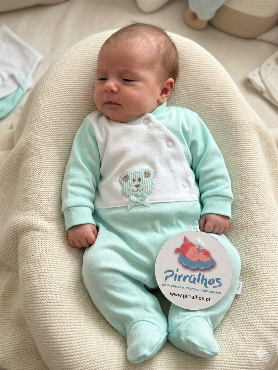 Macacão de bebé verde água e branco com ursinho bordado e etiqueta da marca Pirrälhos