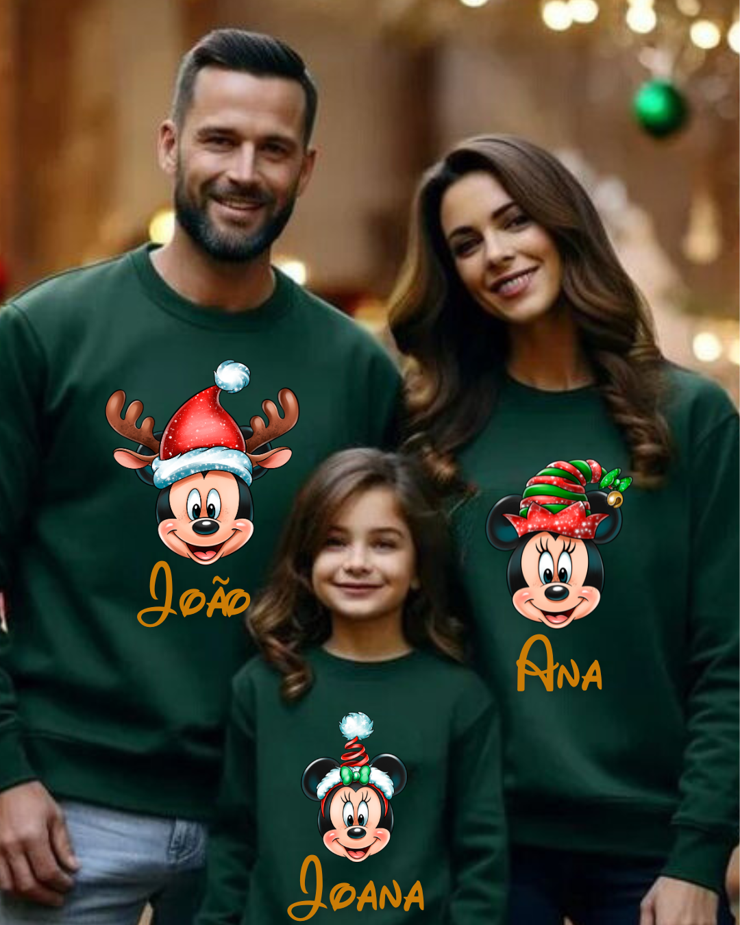 Sweats verdes com personagens Disney natalícias e nomes João, Ana e Joana