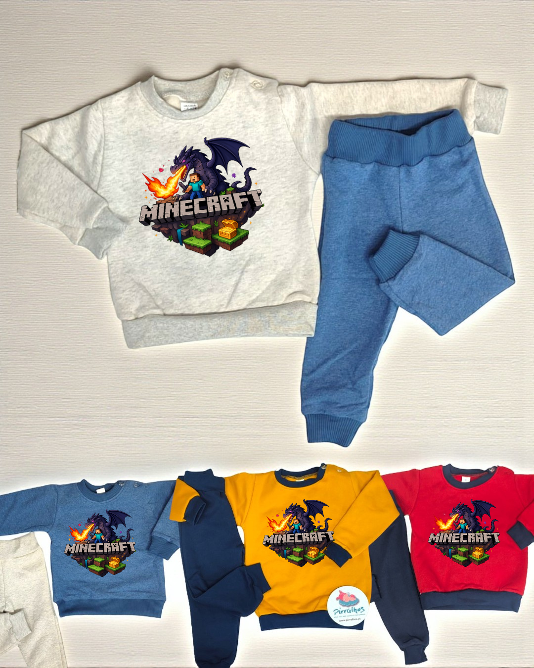 Conjunto de roupa infantil com camisola e calças, com estampado do jogo MINECRAFT, disponível em várias cores.