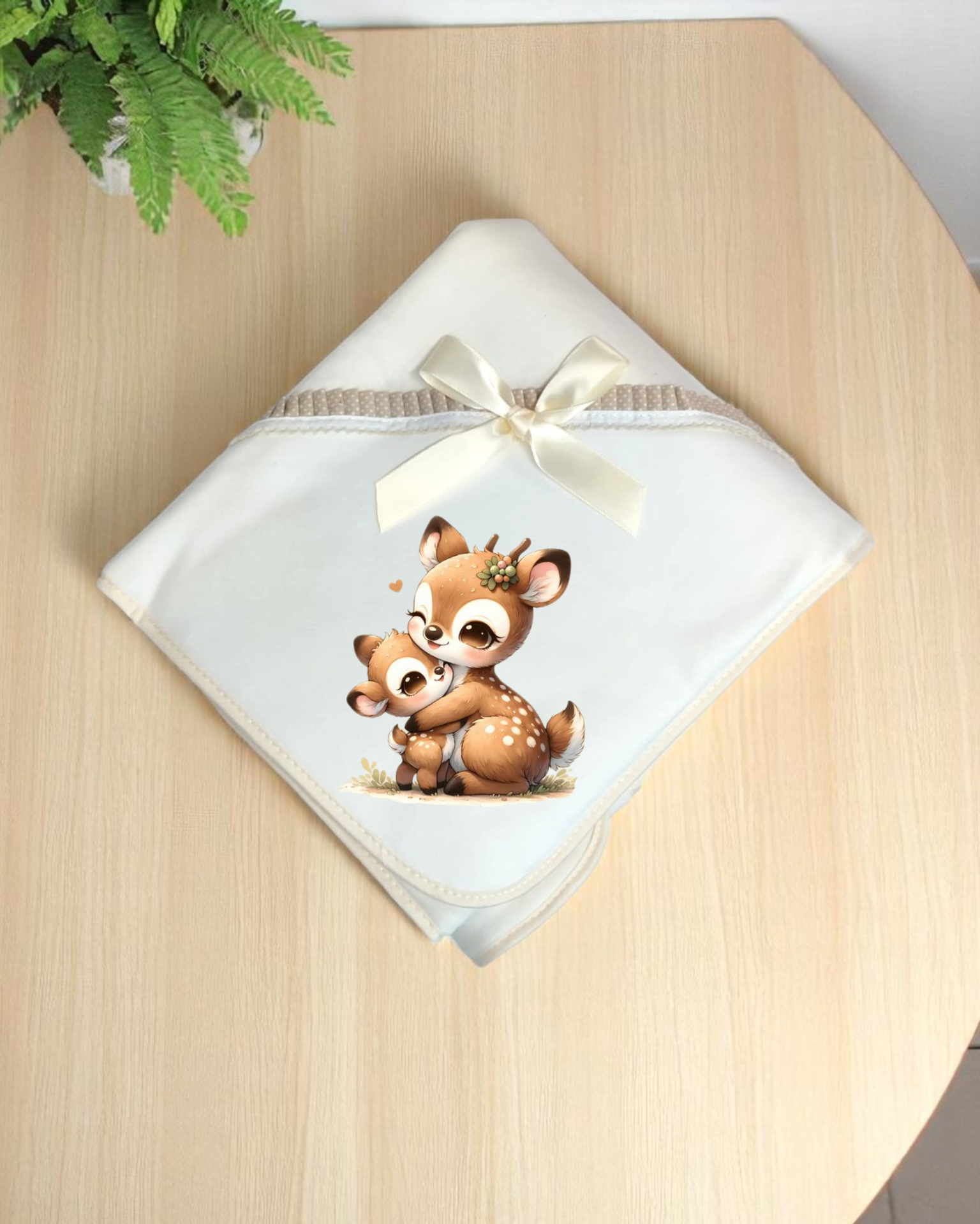 Manta branca para bebé com desenho de dois veados sobre mesa de madeira
