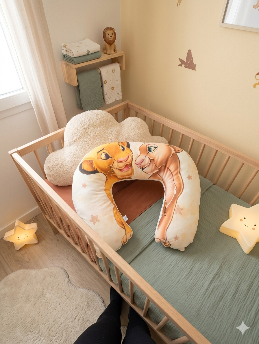 Berço infantil com almofadas temáticas e decoração suave