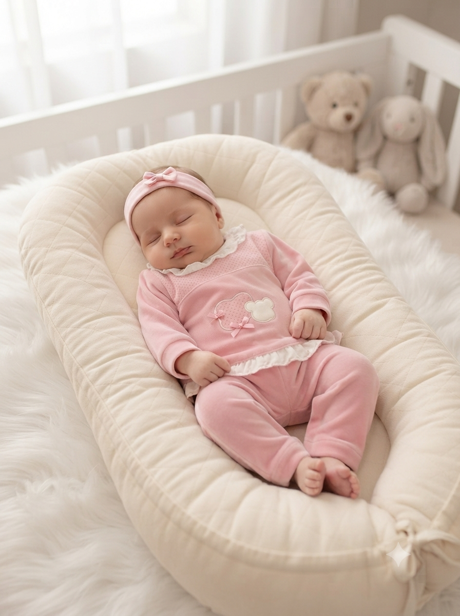 Bebé a dormir em almofada de apoio bege num berço com peluches