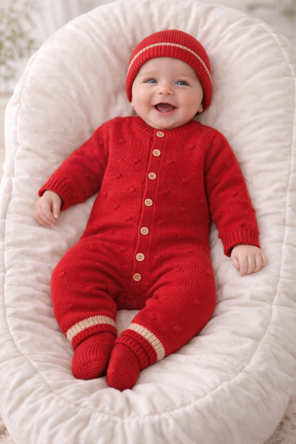 Bebé sorridente com roupa de malha vermelha sentado num cojín bege claro