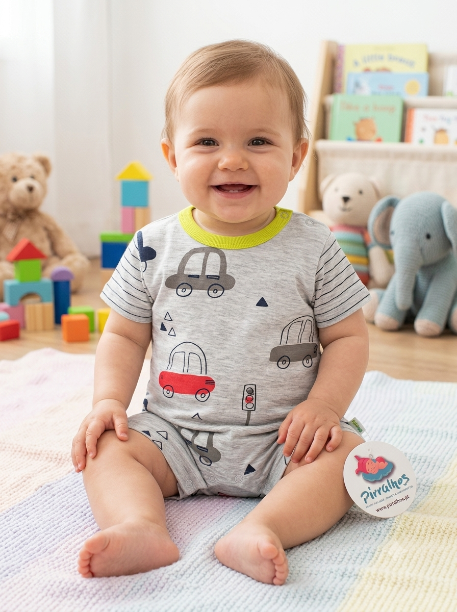 Bebé sorridente com macacão cinzento de carros sentado em manta colorida, quarto com brinquedos e peluches ao fundo