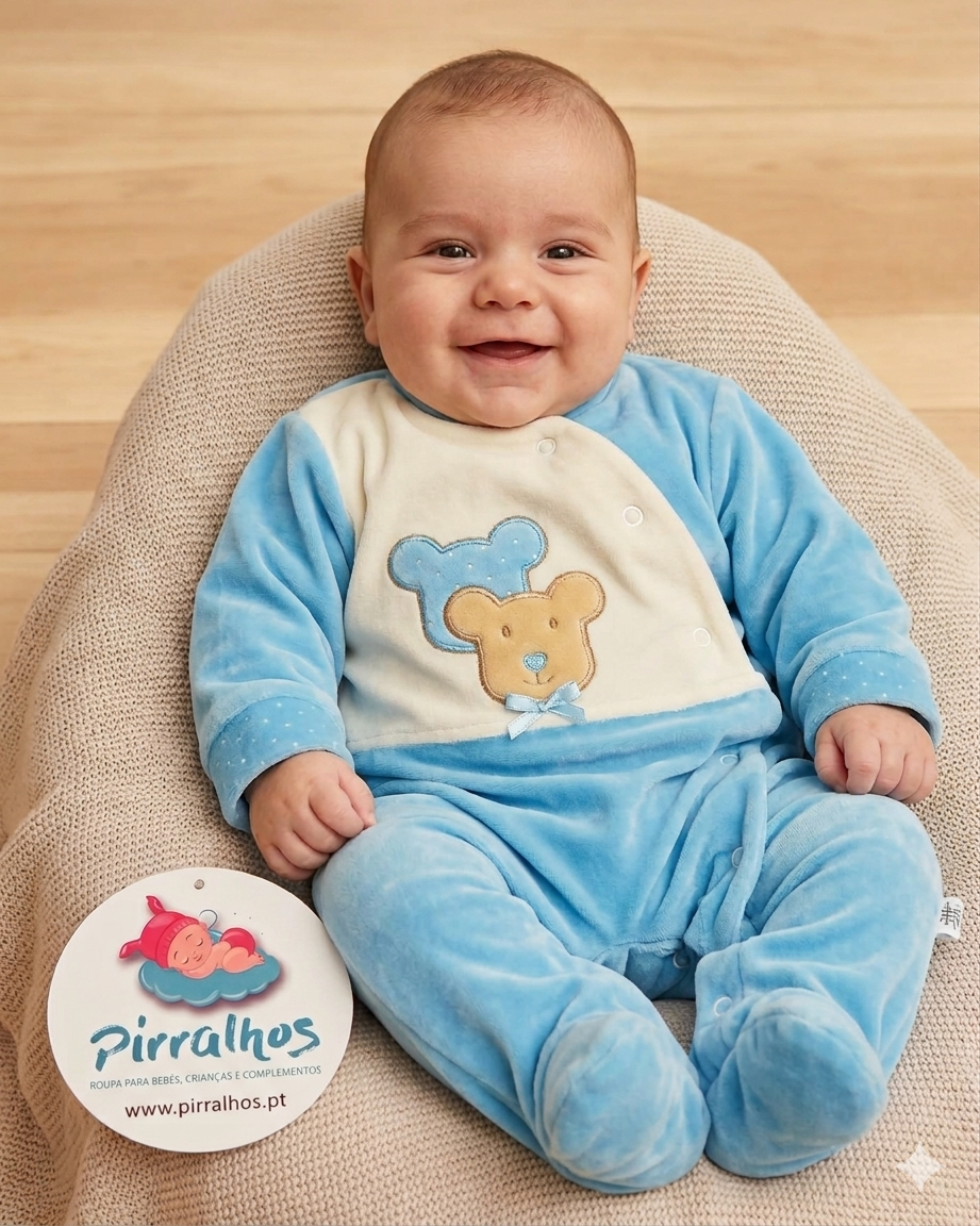 Bebé de macacão azul com ursinho bordado sentado em almofada bege, com etiqueta da marca Pirralhos