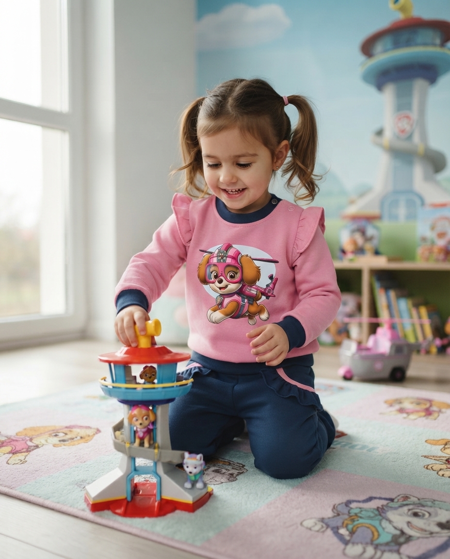 Menina a brincar com brinquedo de torre e figuras de cães numa sala com tapete e camisola rosa com cão animado.