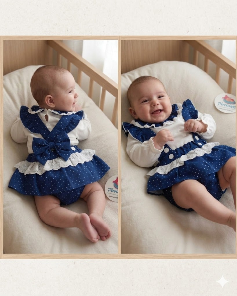 Bebé com vestido azul escuro de pontos brancos e body branco a sorrir num berço de madeira clara