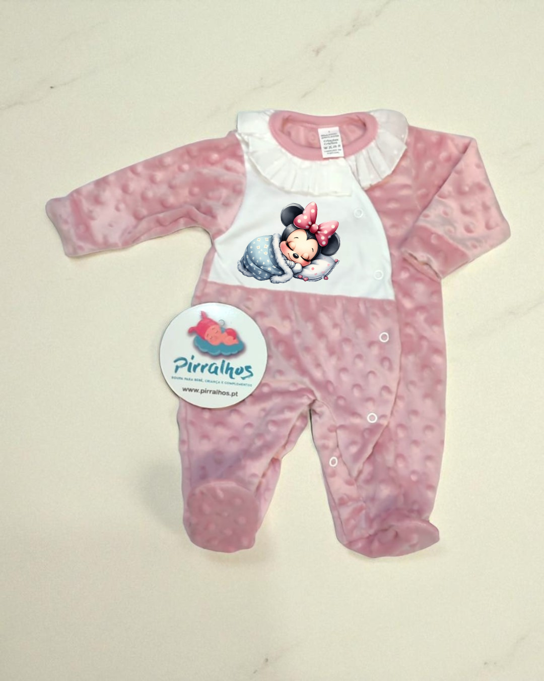 Macacão de bebé rosa com Minnie a dormir e gola branca