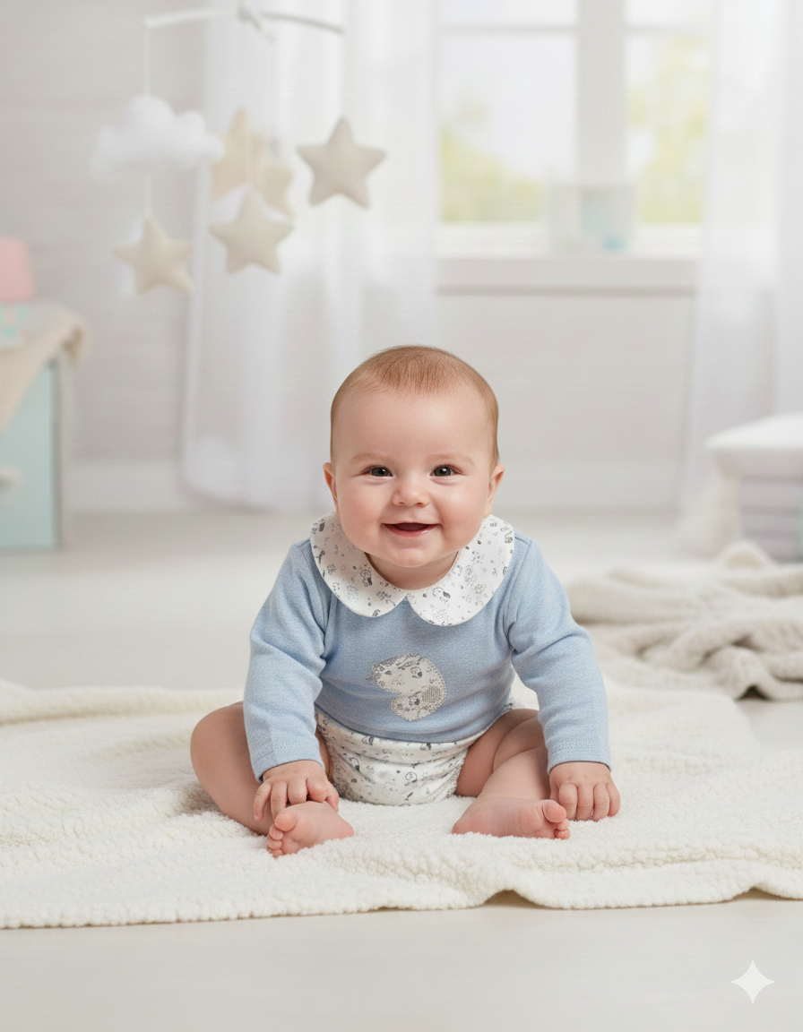 Bebé sentado com roupa azul e branco sobre tapete branco, móbile de estrelas e nuvens ao fundo.