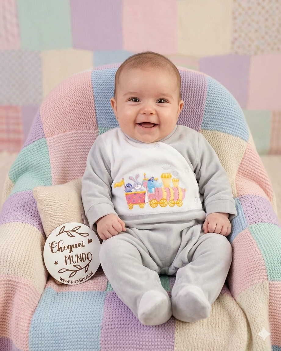 Bebé com pijama cinzento e estampagem colorida sentado em poltrona com manta de croché colorida pastel.