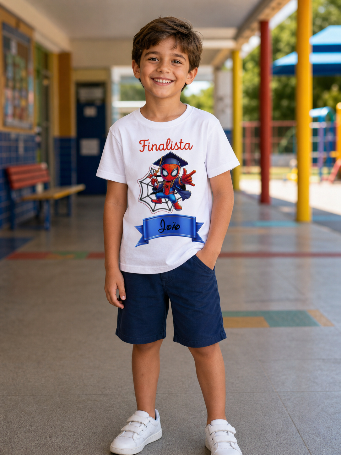 Camisola branca infantil com estampa do Homem-Aranha e texto Finalista