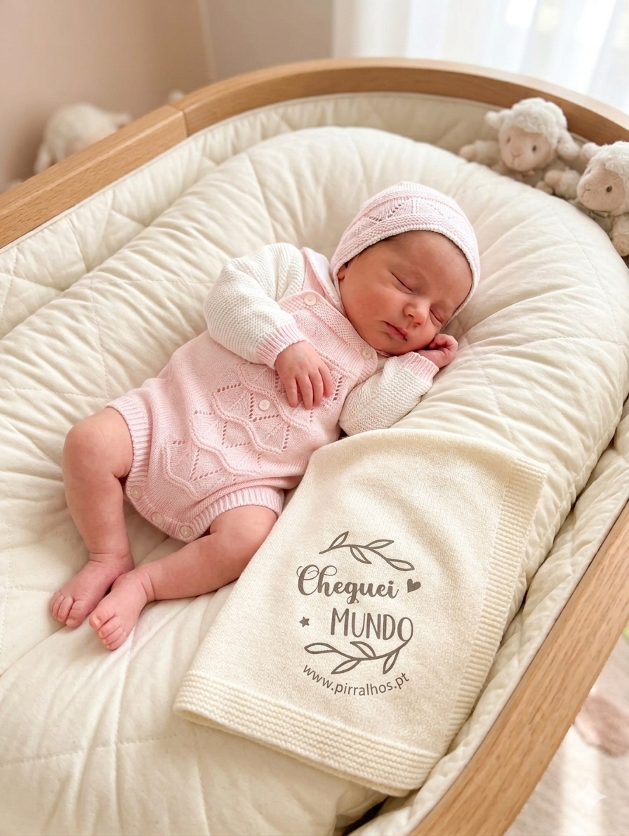 Bebé dormindo num berço acolchoado com conjunto de malha rosa e branca e mantinha creme com texto