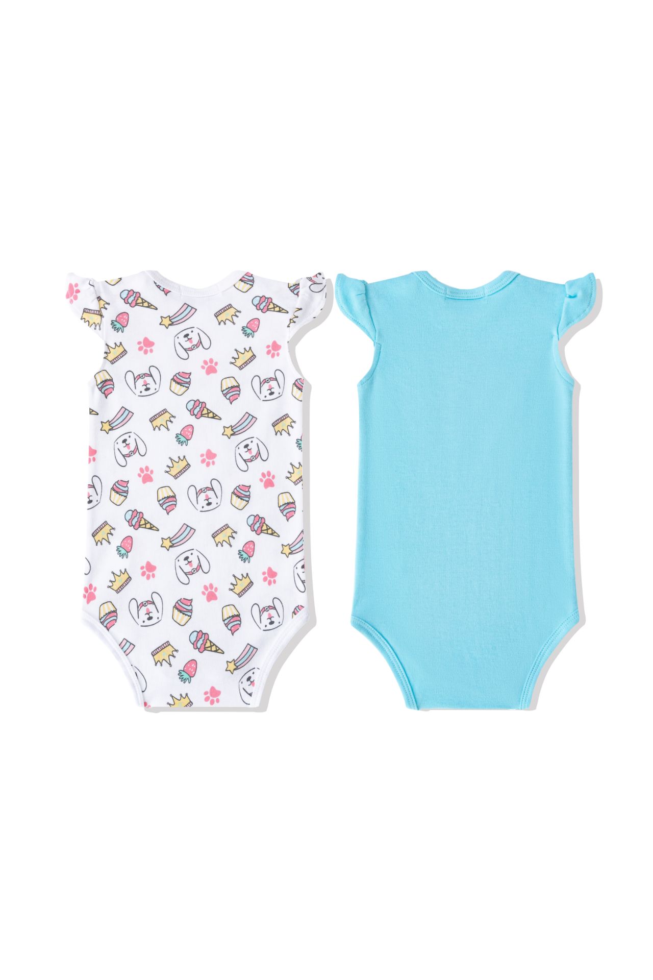 Dois bodies de bebé, um branco estampado colorido e outro azul claro liso