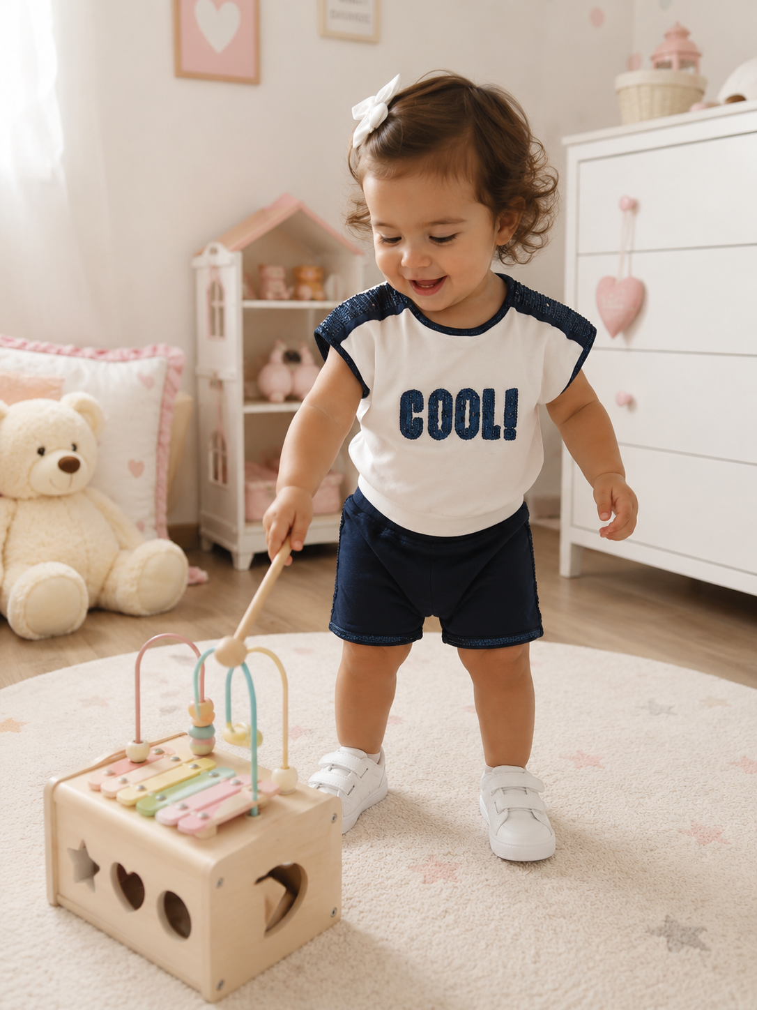 Criança a brincar com brinquedo de madeira numa divisão infantil