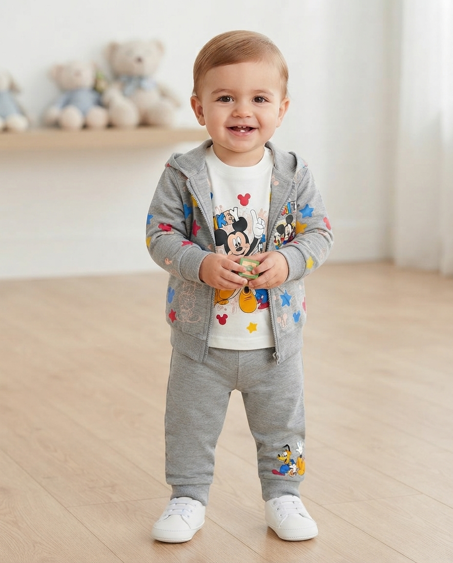 Criança vestindo conjunto cinzento com estampas da Disney, em ambiente interior com chão claro e ursos de pelúcia desfocados ao fundo