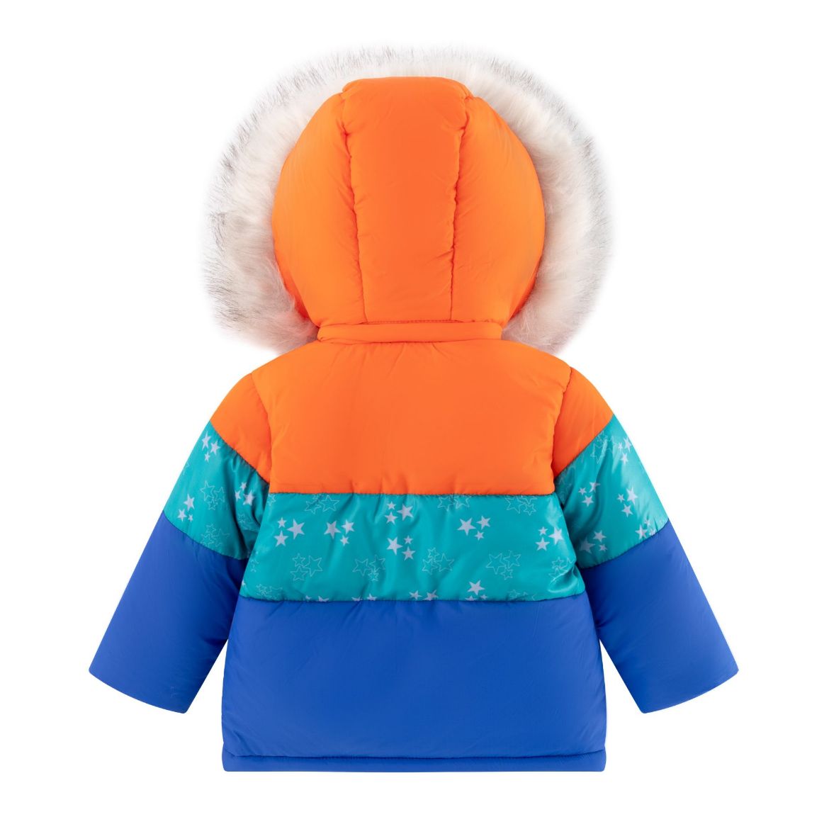 Casaco acolchoado de criança laranja, turquesa com flocos de neve e azul com capuz peludo