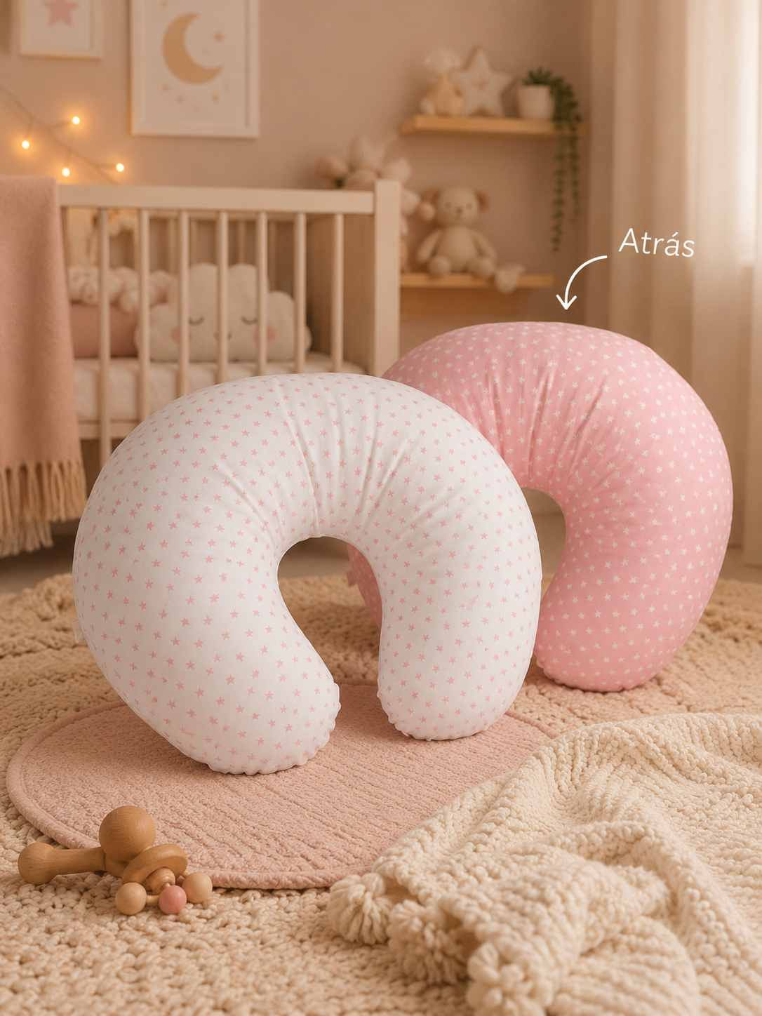 Almofadas em forma de U com padrão de estrelas cor-de-rosa, uma branca e outra rosa, num quarto de bebé aconchegante