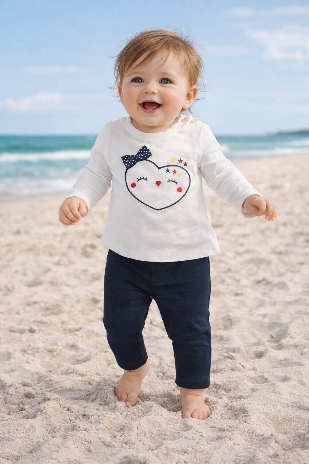 Bebé com roupa branca e azul na praia